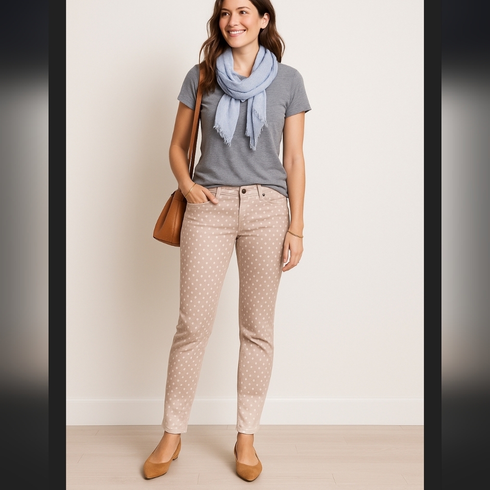 J crew tan  toothpick white polka dot pants size 27